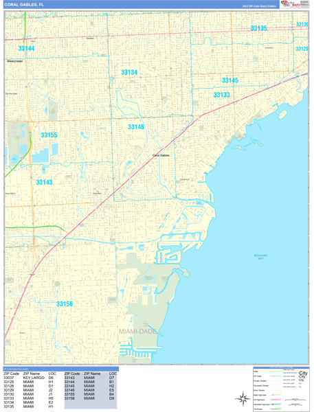 Coral Gables City Wall Map Basic Style